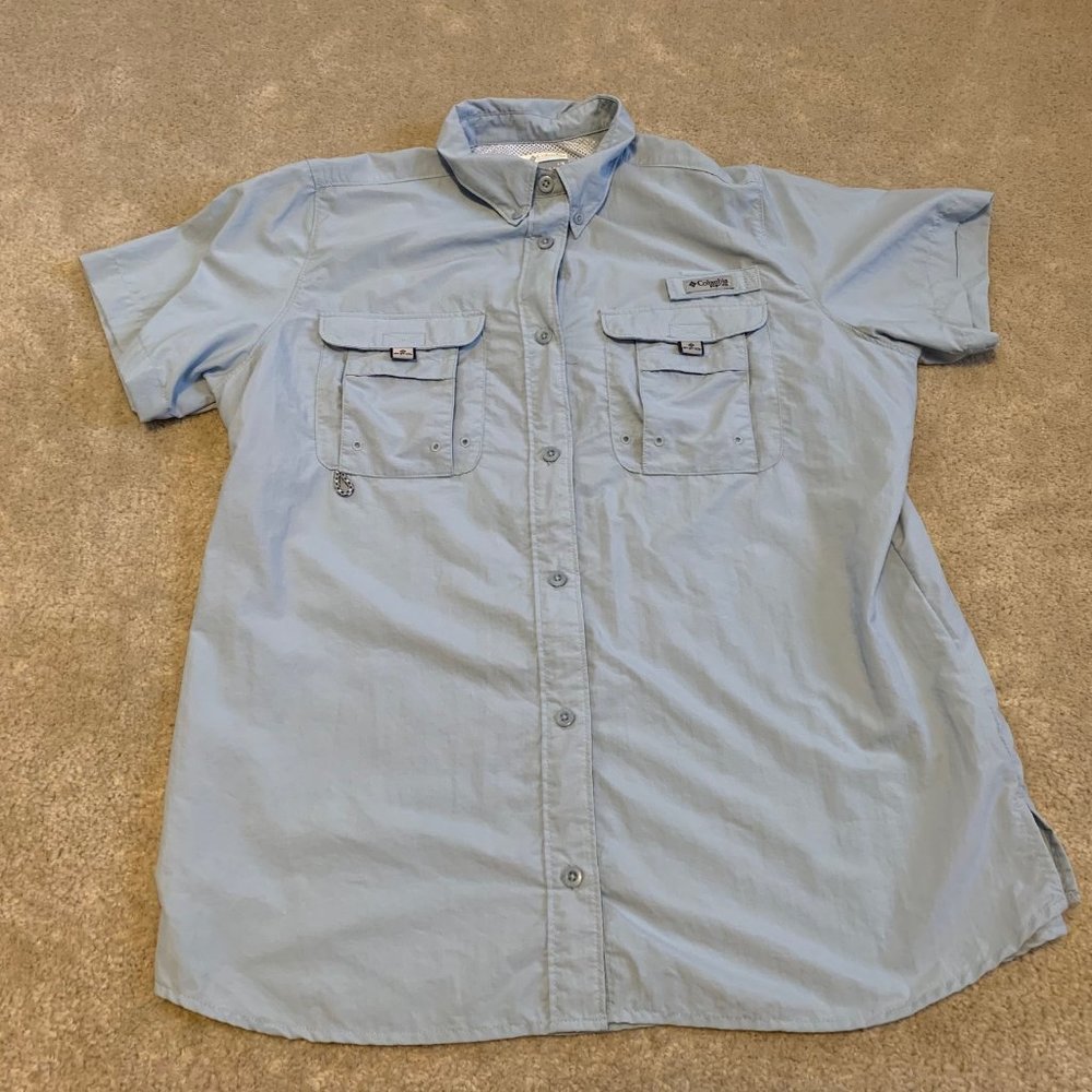 Columbia Blue PFG Short Sleeved Button Up Shirt Size L